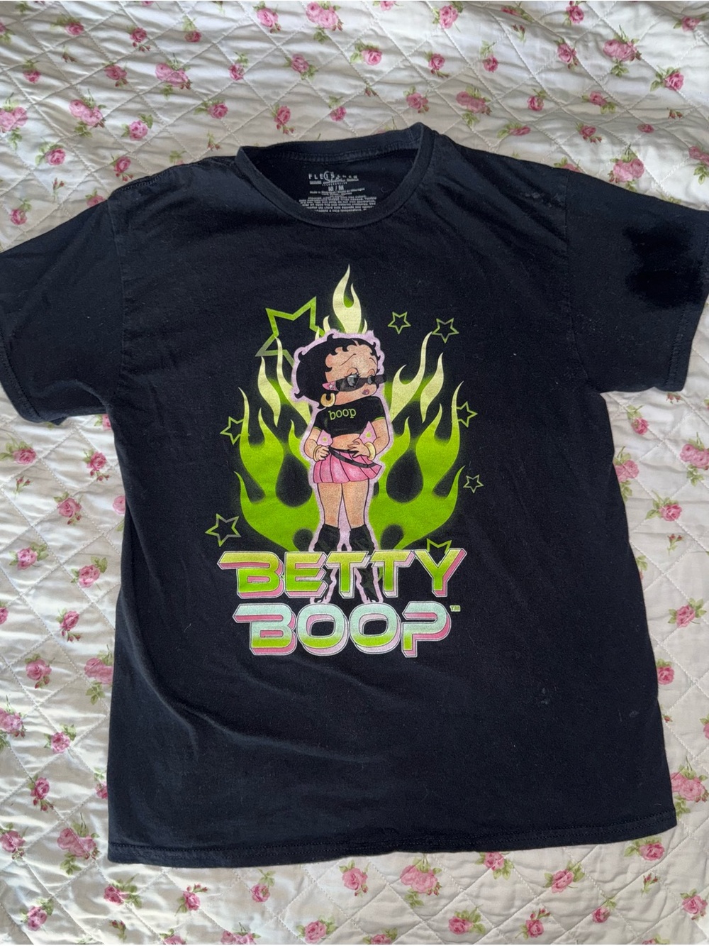 Betty Boop Black Graphic Tee with Neon Green Flames